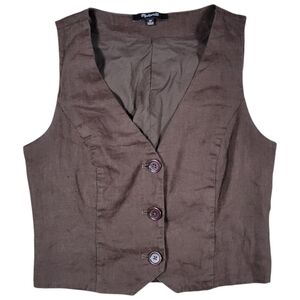 Madewell Vest Womens 00 Brown Linen Button V Neck Cropped Business Career Modern